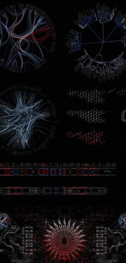 Futuristic digital art wallpaper with intricate blue and red tech patterns.