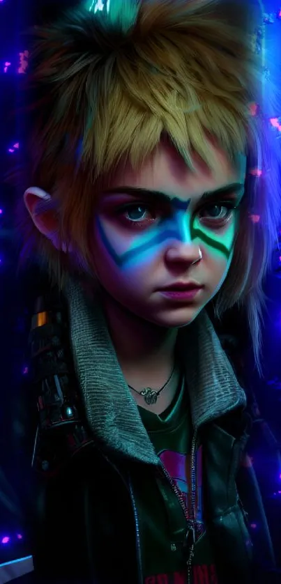 Futuristic cyberpunk character with neon face paint in digital art.