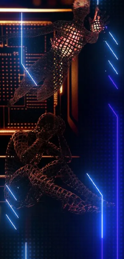 Futuristic digital wallpaper with neon highlights and abstract figures.
