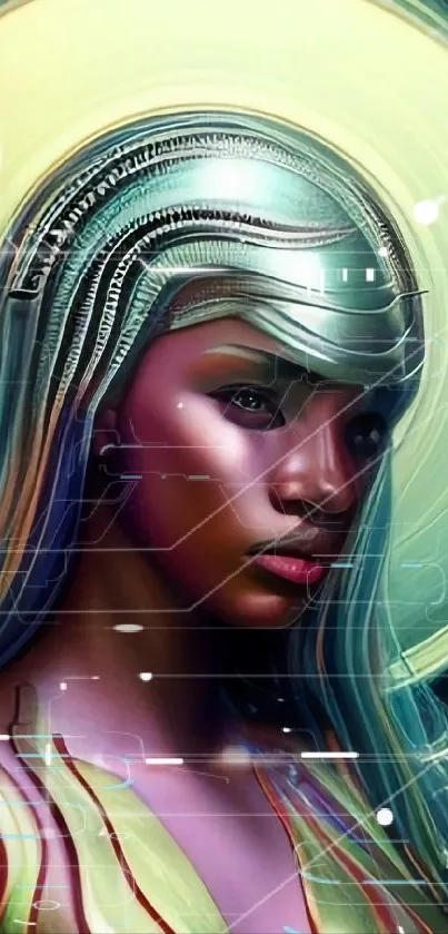 Futuristic woman with halo in vibrant digital art.