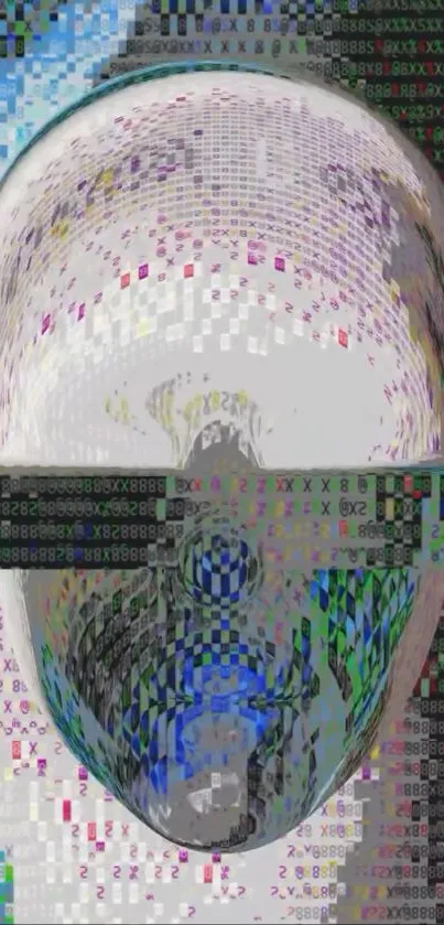 Futuristic head with glitch effects and abstract patterns.