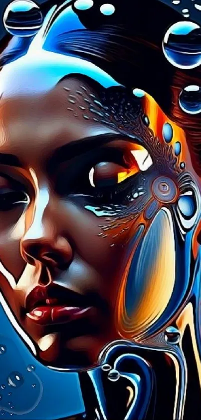 Futuristic cybernetic face digital art with vibrant blue tones and intricate details.