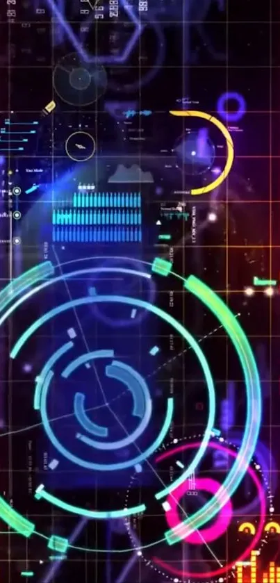 Vibrant futuristic digital circuit with neon colors and circular patterns.