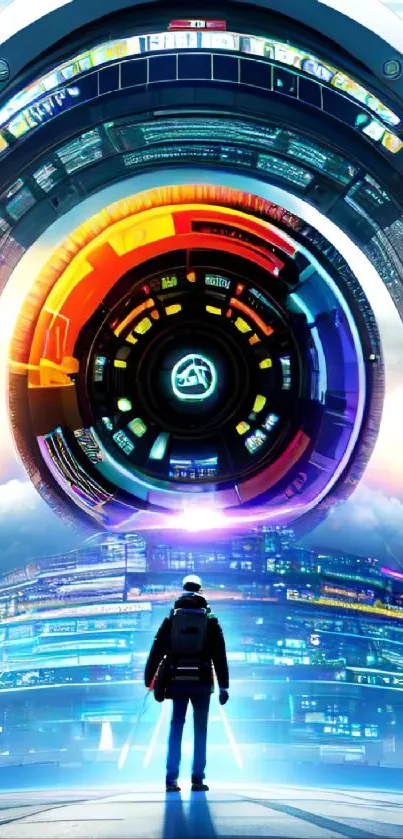 Futuristic cityscape with digital archway and lone figure.