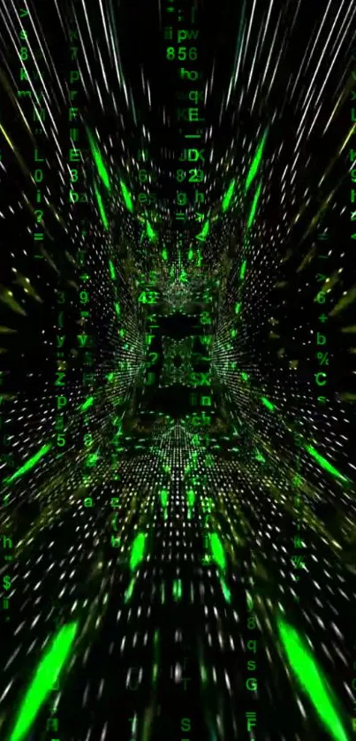 Futuristic mobile wallpaper with green digital code matrix design.