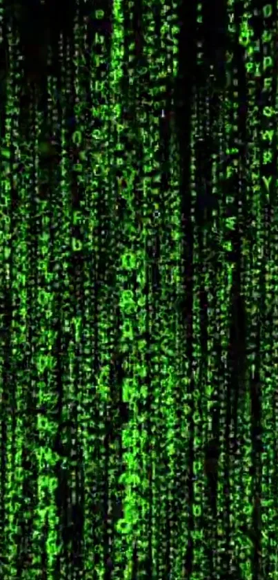 Neon green digital code matrix wallpaper on black background.