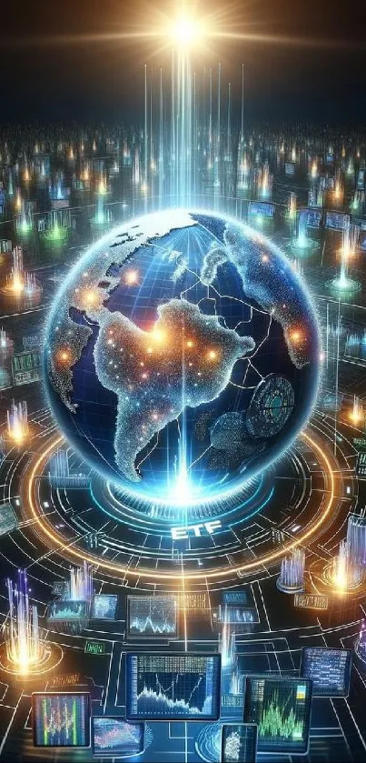 Vibrant digital Earth surrounded by data visualizations against a futuristic backdrop.