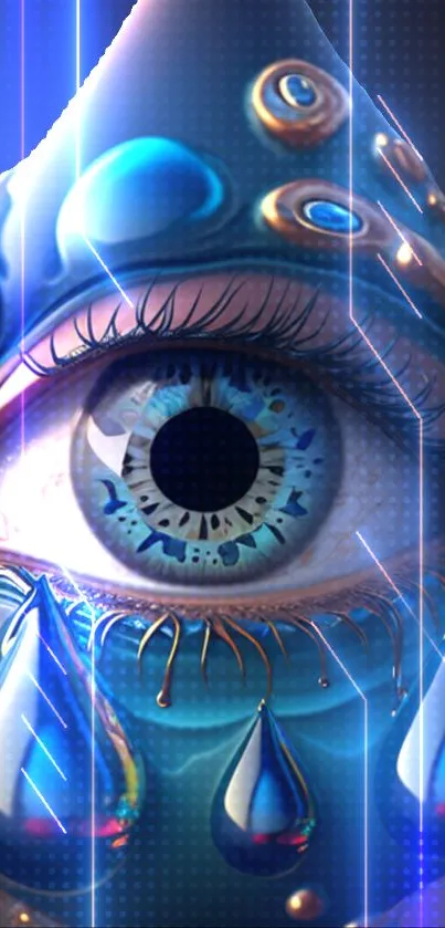 Futuristic digital eye with teardrop elements.