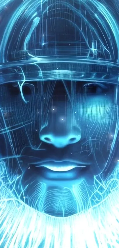 Futuristic digital face with blue neon lines.