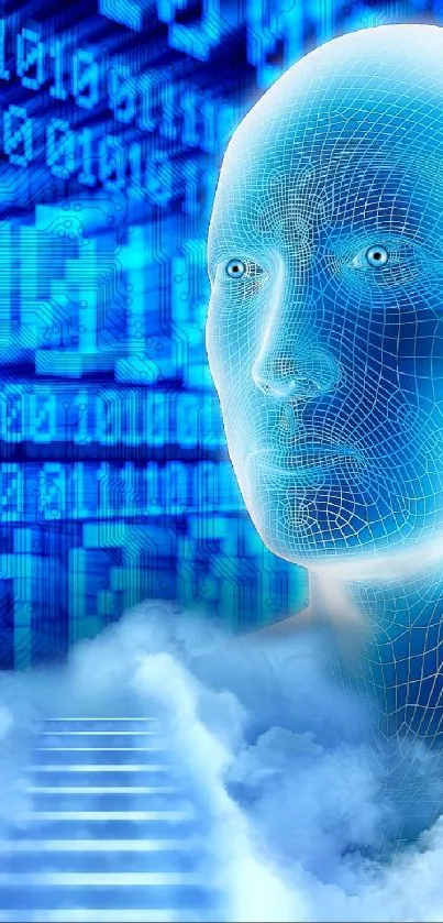 Futuristic face with binary code and clouds in a blue theme.