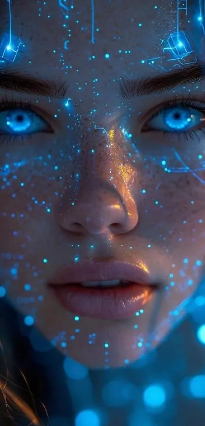 Futuristic face with glowing blue digital elements