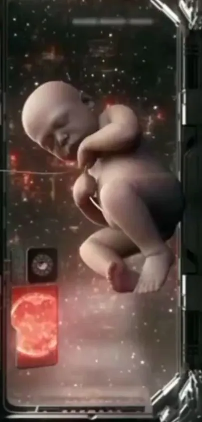 Futuristic baby in a space-themed environment with sci-fi elements.