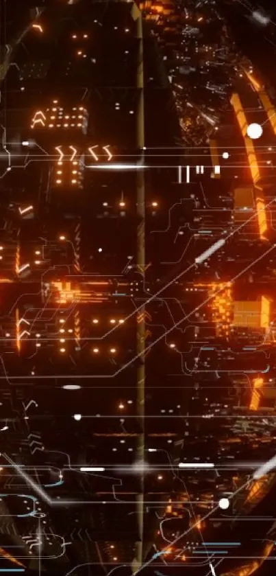 Futuristic digital grid wallpaper in orange glow.