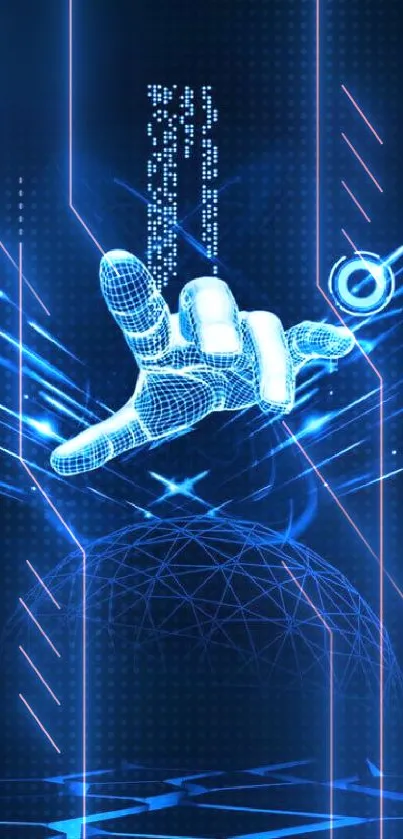 Futuristic digital hand reaching out in neon blue light.