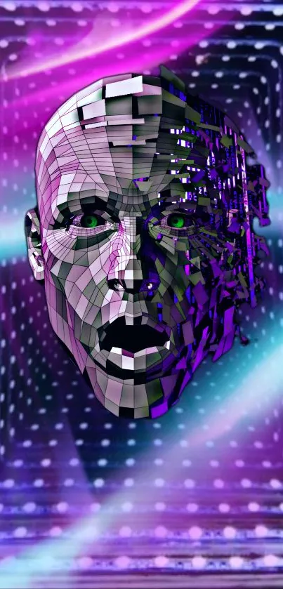 Futuristic digital head art with neon colors and geometric patterns.