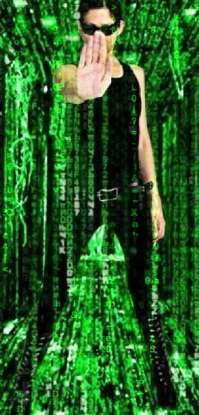 Futuristic wallpaper featuring a green matrix and central figure in digital space.