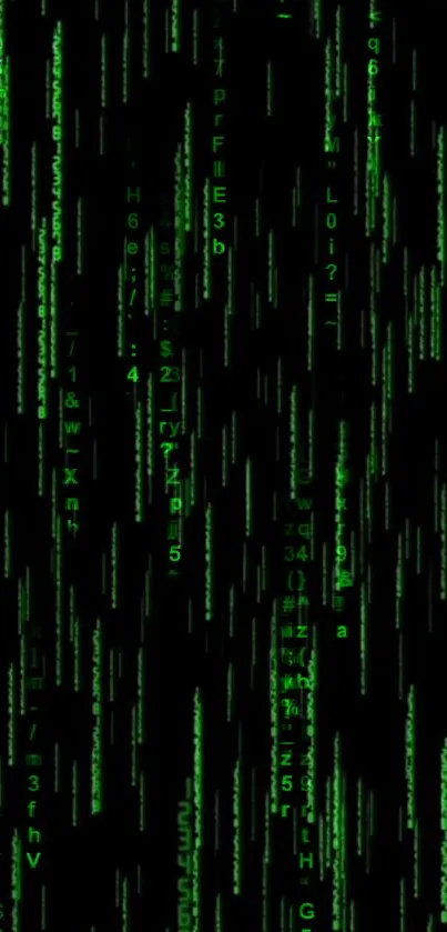 Futuristic matrix-style wallpaper with glowing green code on black background.