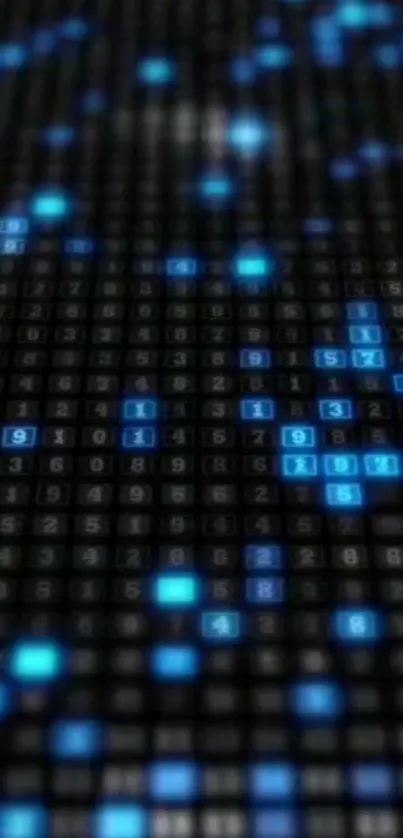 Futuristic digital matrix wallpaper with glowing blue tiles.