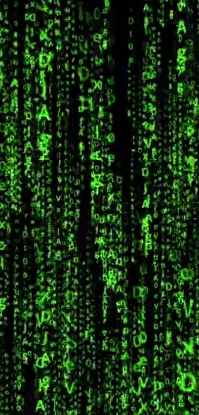 Vibrant green Matrix code on dark wallpaper background.