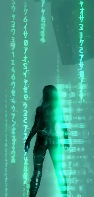 Futuristic wallpaper with a figure in green digital matrix code.