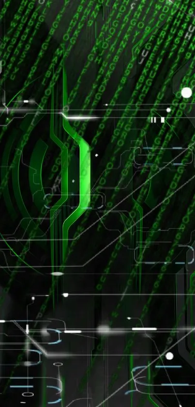 Futuristic green matrix digital wallpaper with cyber patterns.