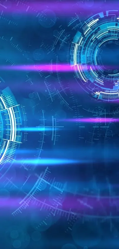 Futuristic blue and purple digital wallpaper with abstract circular design.