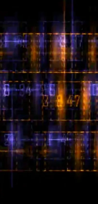 Futuristic digital numbers wallpaper in blue and orange hues for mobile screens.