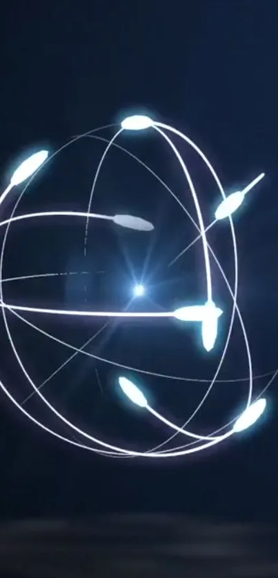 Futuristic digital orb with glowing lines on dark blue background.