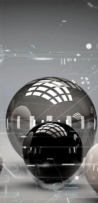 Abstract digital spheres with a futuristic design in grayscale.