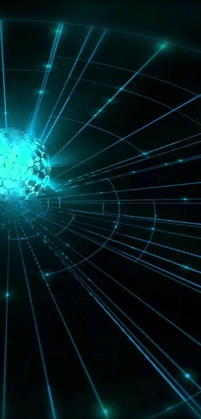 Futuristic digital sphere wallpaper with glowing blue lines on a dark background.