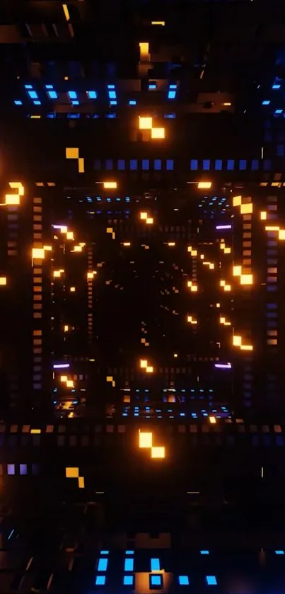 Futuristic digital tunnel with neon lights.