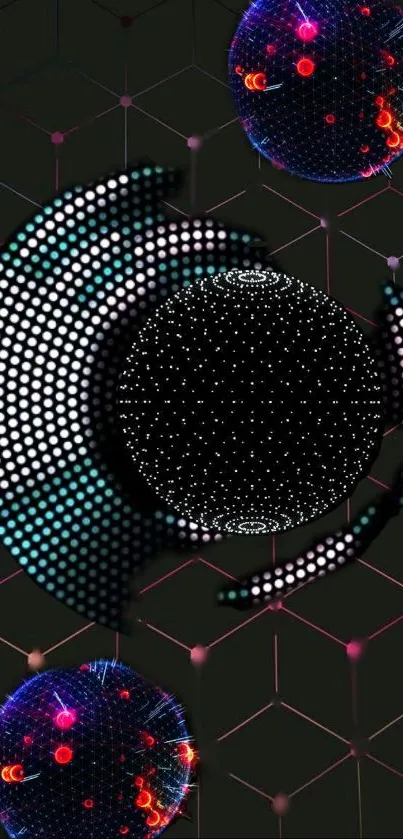 Futuristic wallpaper with neon spheres and geometric patterns.