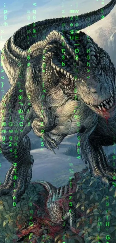 Dinosaur with green digital code on a futuristic backdrop.