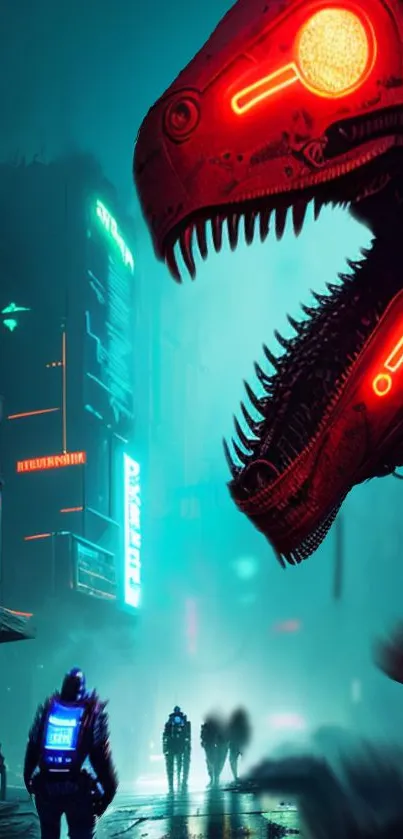 Futuristic cityscape with a neon robot dinosaur.