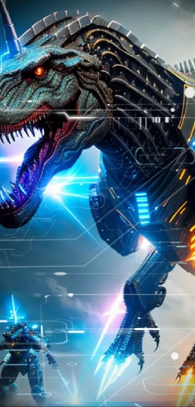 Futuristic dinosaur battling tech warrior with neon lights.