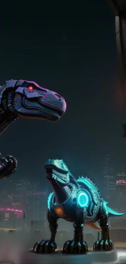 Futuristic cityscape with neon-glowing cyber dinosaurs.