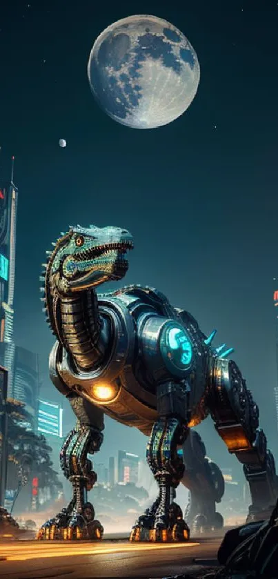 Futuristic metallic dinosaur in moonlit cityscape.