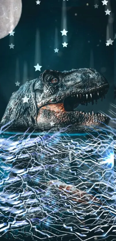 Dinosaur under stars with electric patterns and a moonlit night sky.