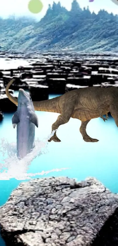 Dinosaur and dolphin in surreal ocean scene wallpaper.