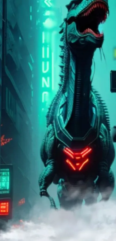 Futuristic neon-lit dinosaur in urban landscape wallpaper.