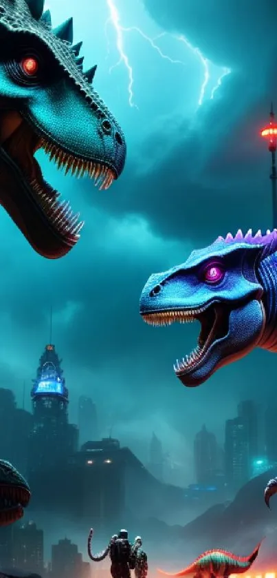 Futuristic dinosaurs roam a neon-lit cityscape with lightning in the sky.