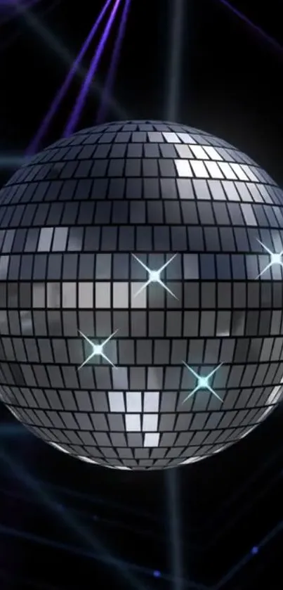 Futuristic disco ball with glowing tiles on dark abstract background.