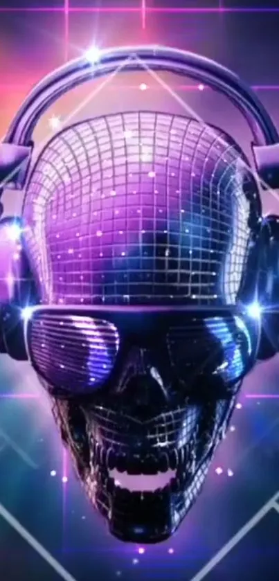 Futuristic disco skull with headphones in neon colors.