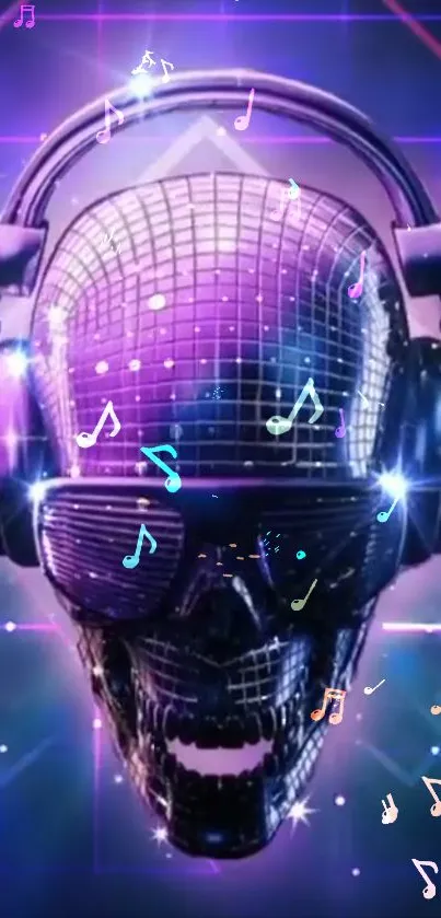 Futuristic skull with headphones in neon disco theme.