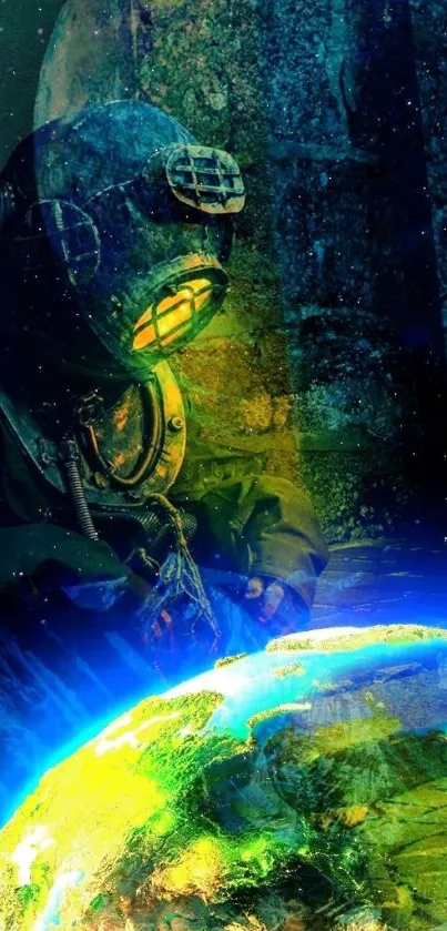 Futuristic diver observing Earth with vibrant blue and green hues.