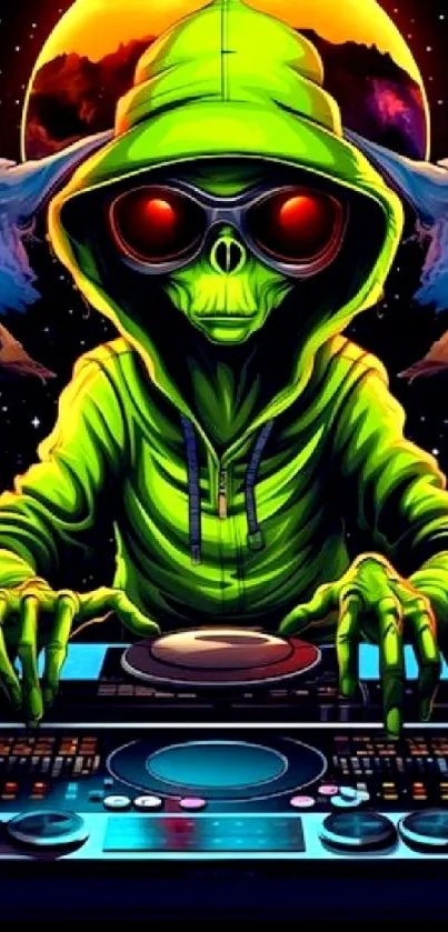 Futuristic neon green alien DJ with turntables in sci-fi setting.