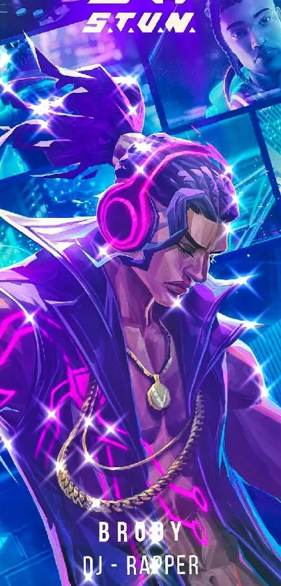 Dynamic DJ rapper with neon colors and futuristic elements in digital wallpaper.