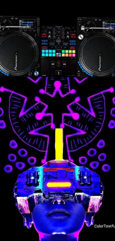 Futuristic DJ-themed wallpaper with neon elements and cosmic design.