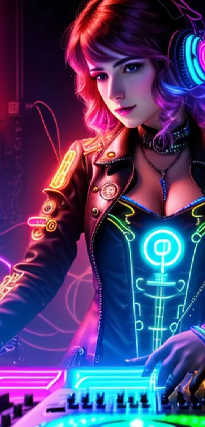 Futuristic female DJ with neon lights.