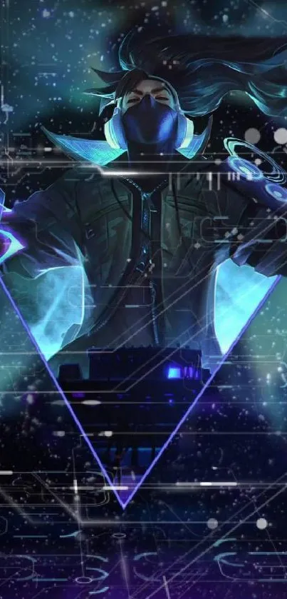 Futuristic DJ in neon galaxy theme.